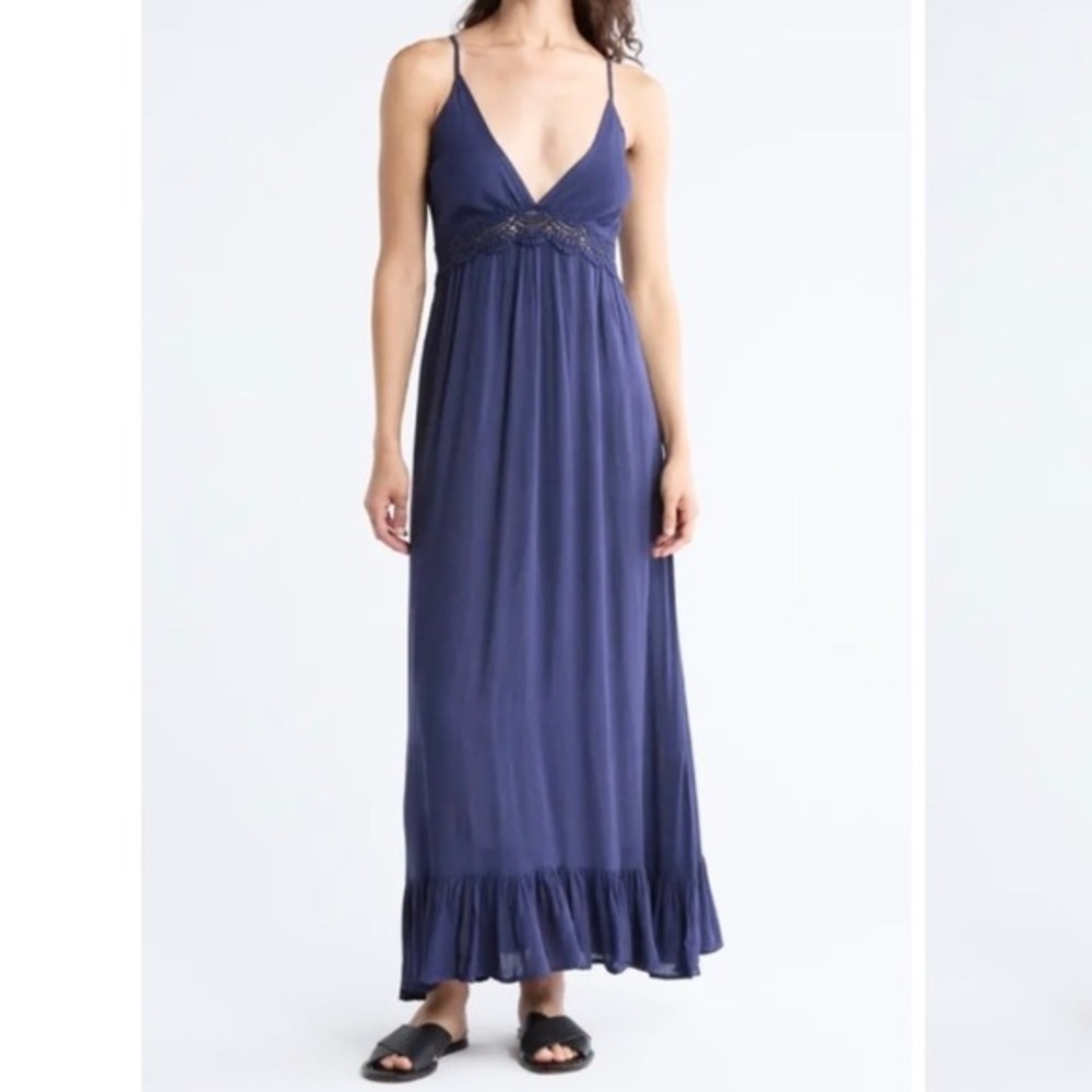Boho Me‎ Black Lace Trim Smocked Back Ruffle Hem Maxi Dress S